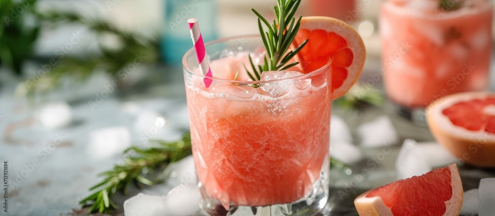 Aufkleber cold refreshing grapefruit smoothie with rosemary and ice in glasses grapefruit wedges and rosemary 