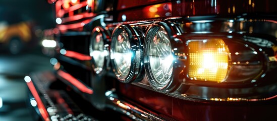 Detail of a shiny new headlamps on firetruck. Creative Banner. Copyspace image