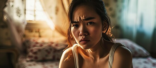 Close up young Asian woman feeling upset sad unhappy or depressed crying lonely in her room....