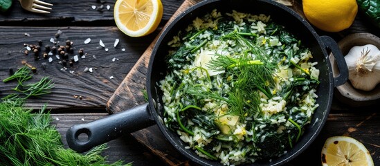 close up of Spanakorizo Greek spinach and rice pilaf with lemon dill scallion in frying pan on dark wooden table horizontal view from above. Creative Banner. Copyspace image - obrazy, fototapety, plakaty