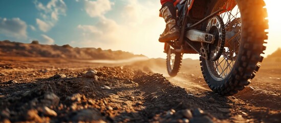 Fototapeta premium Bike speed and motion blur with a sports man on space in the forest for dirt biking Motorcycle fitness and power with a person driving fast on an off road course for freedom or performance