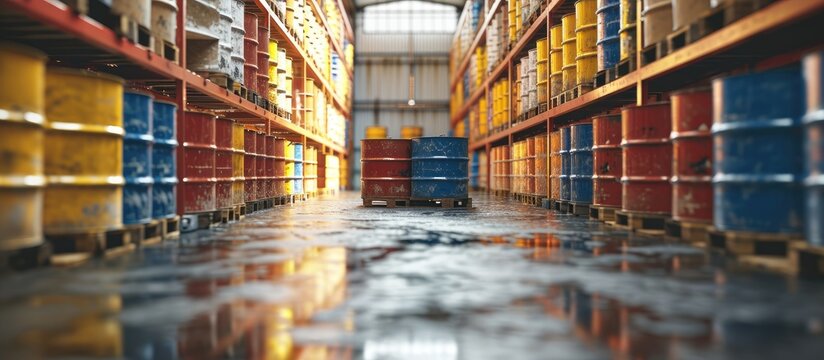 Chemicals drum chemistry related plastic containers and metal framed plastic barrels stock management in a warehouse for chemical storage Concept of industrial manufacturing of chemicals and oi