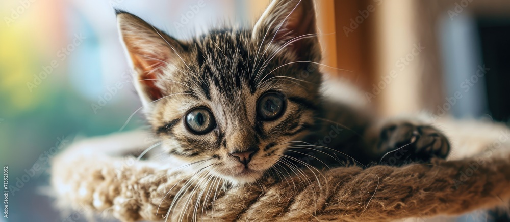 Poster cute tabby kitten relaxing on top of cat tree. creative banner. copyspace image