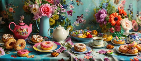 Fototapeta na wymiar festive kitchen table setting and food with drinks and beautiful green pink butterfly patterned tablecloths Donuts teapot tea mug vase of flowers Tablecloths for parties and restaurants