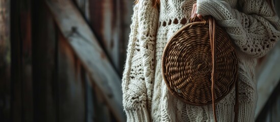 Boho Chic Rattan Clutch Bag and Cozy Sweater in Rustic Elegance. Creative Banner. Copyspace image