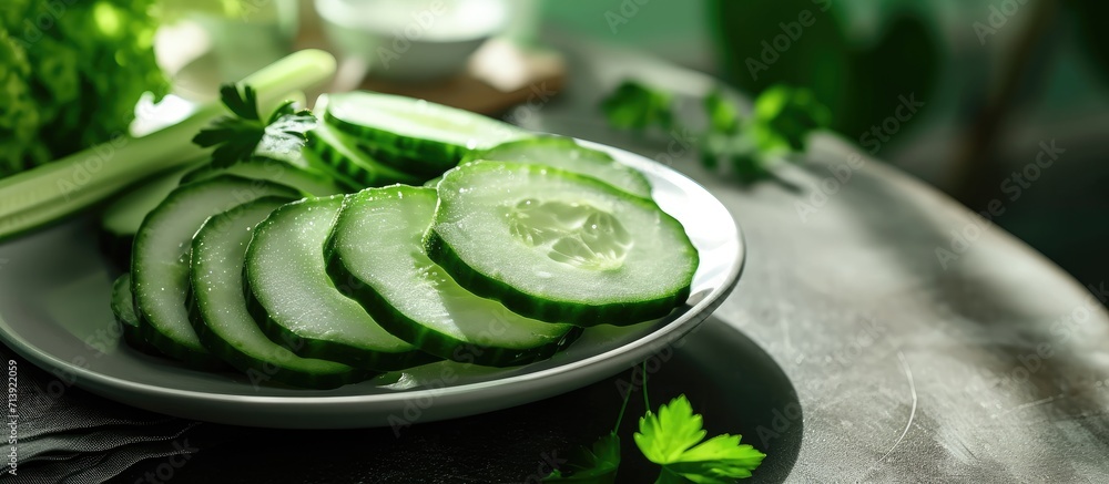 Poster fresh cucumber sliced in a plate on table. Creative Banner. Copyspace image