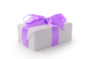 White gift box with violet ribbon bow isolated on white background