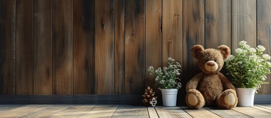 doll teddy bear baby decorated in home with wood wall. Creative Banner. Copyspace image