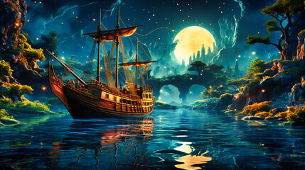 Set sail on a mysterious adventure with this moonlit ship illustration. The artwork combines elements of fantasy and nautical exploration in a captivating scene. - obrazy, fototapety, plakaty