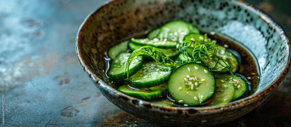 Poster close up of sunomono japanese cucumber salad sliced cucumbers with asian dressing of soy sauce rice 