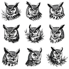 Obraz premium Set of birds owls black and white
