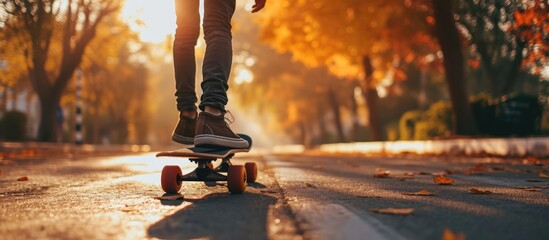 Carefree skater girl on her skateboard riding longboard on an empty road holding hands sideways and laughing. Creative Banner. Copyspace image