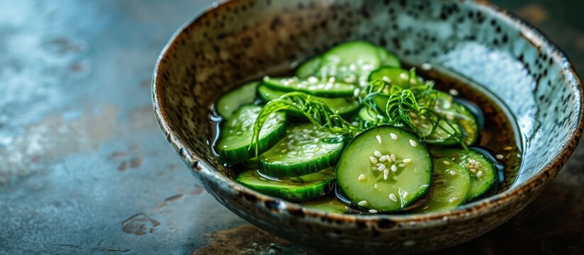 close up of Sunomono Japanese Cucumber Salad sliced cucumbers with Asian dressing of soy sauce rice vinegar sesame oil and sugar in white bowl. Creative Banner. Copyspace image
