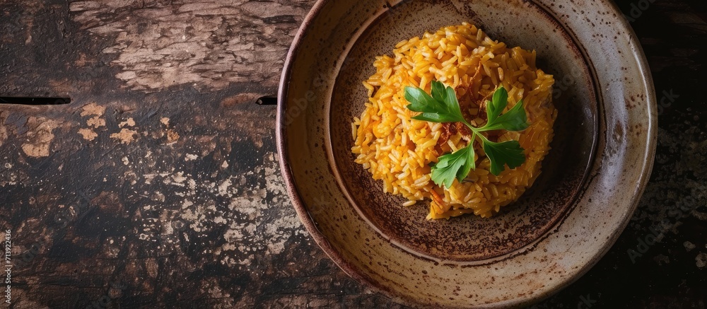 Poster delicious asian pilaf on a brown plate horizontal view from above rustic style. creative banner. cop