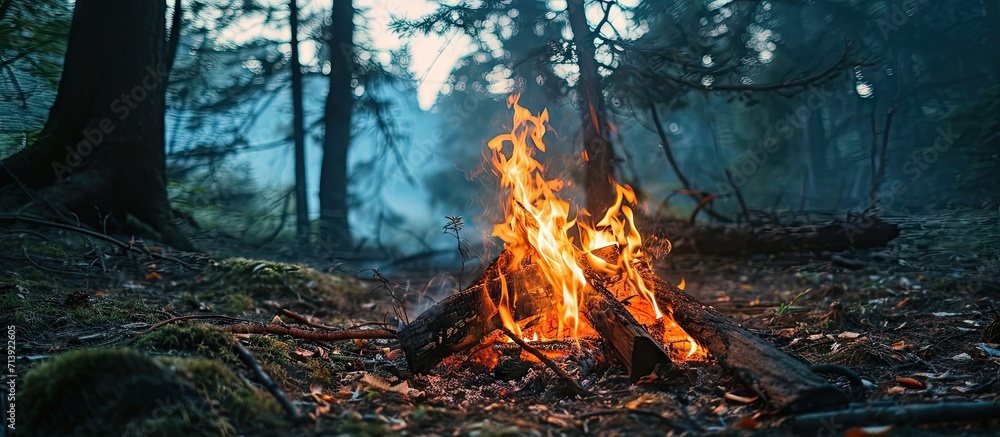 Sticker bonfire in the forest fire close up Close up burning bonfire and flames Bonfire in forest close up. Creative Banner. Copyspace image