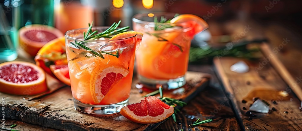 Poster cold refreshing grapefruit smoothie with rosemary and ice in glasses grapefruit wedges and rosemary 