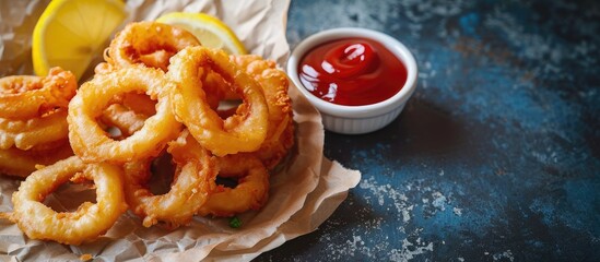 Fried onion rings on absorbent paper with ketchup and lemon. Creative Banner. Copyspace image