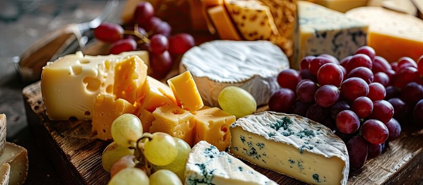 Cheese platter with different cheese and grapes. Creative Banner. Copyspace image