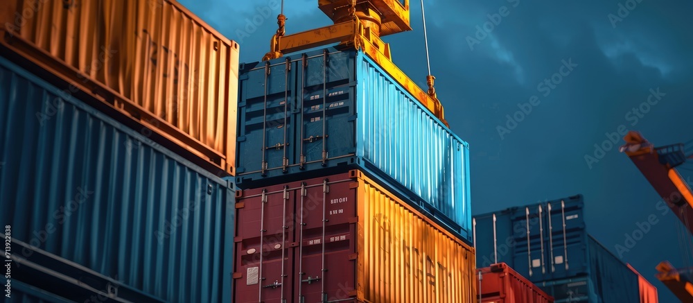 Poster blue building containers cargo containers residential containers at a loading crane. creative banner