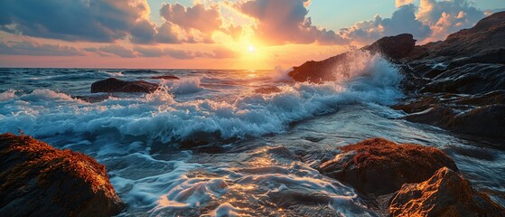 Golden hour, Golden sunset illuminates the vigorous ocean waves crashing against rocky shores, generative ai - obrazy, fototapety, plakaty