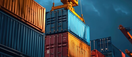 Blue building containers cargo containers residential containers at a loading crane. Creative Banner. Copyspace image