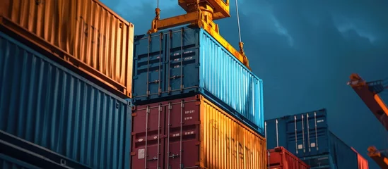 Foto op Plexiglas Blue building containers cargo containers residential containers at a loading crane. Creative Banner. Copyspace image © HN Works