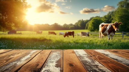 Empty wooden table top with meadow, farm, and cows on a grassy green field during the summer,...