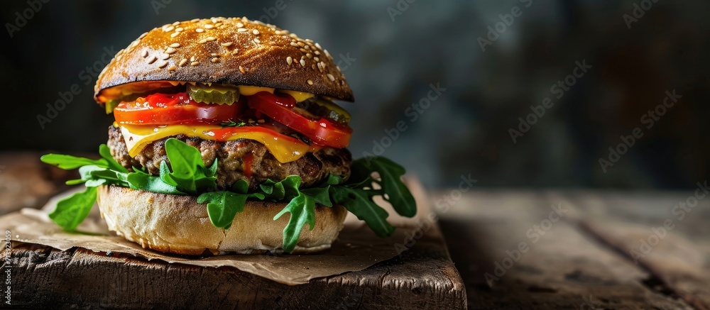 Poster Close Up Of Veggie Burger On Cutting Board. Creative Banner. Copyspace image