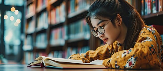 Concentrated female student sitting in library with modern interior and reading technology literature for making research of useful information intelligent woman interested on book for leaders