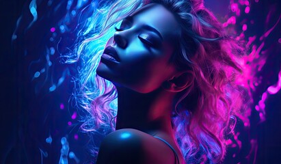 Portrait of a model against a neon pink and blue background, exuding a futuristic and fashionable vibe. - obrazy, fototapety, plakaty