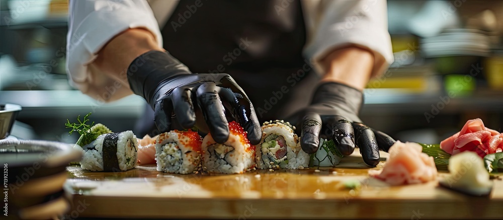 Sticker Close up of professional chef s hands in black gloves making sushi and rolls in a restaurant kitchen Japanese traditional food Preparation process. Creative Banner. Copyspace image