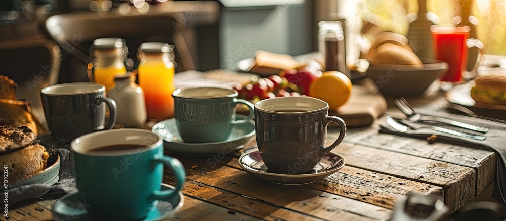 Poster breakfast relaxation time concept different coffee mugs and cups on a cozy kitchen table top view fl