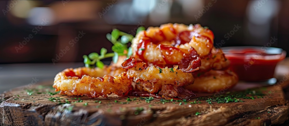 Poster Close up of bacon wrapped onion rings with sauce Shallow depth of field. Creative Banner. Copyspace image