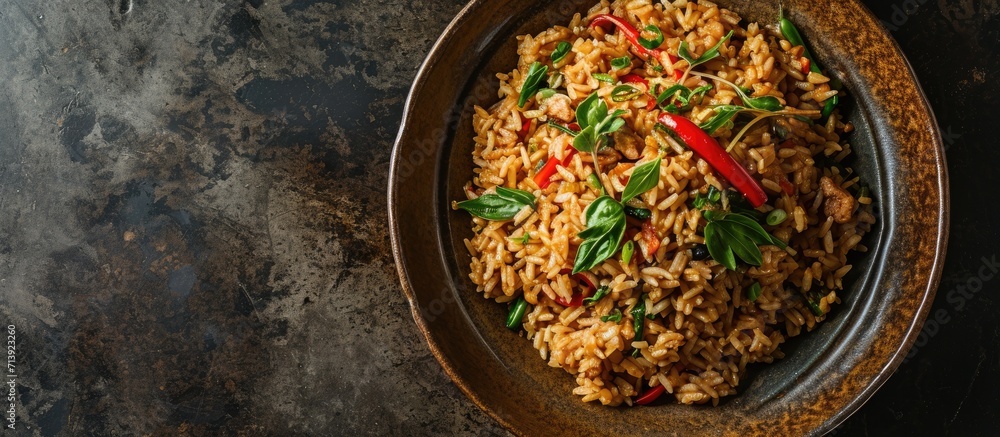 Poster delicious asian pilaf on a brown plate horizontal view from above rustic style. creative banner. cop