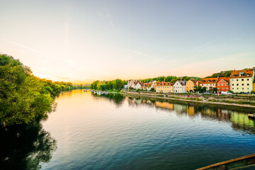 View of the Danube and the landscape in the city of Regensburg. Donau.
