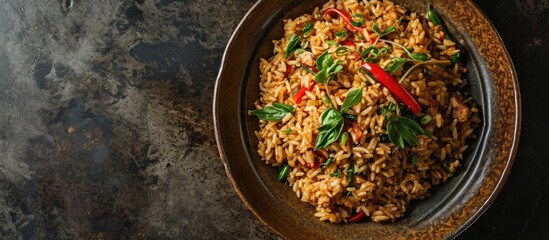 Delicious Asian pilaf on a brown plate horizontal view from above rustic style. Creative Banner. Copyspace image