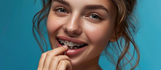 Caucasian woman cleaning her teeth with braces using dental floss Cropped portrait. Creative Banner. Copyspace image