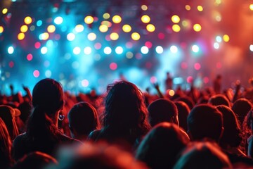 A vibrant crowd of music fans immersed in the excitement of a live concert, with stage lights illuminating the event.. - obrazy, fototapety, plakaty