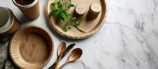 eco friendly disposable dishes made paper and bamboo on white marble background Draped spoons fork...