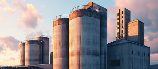 Brick chimney and concrete silos for limestone storage. Creative Banner. Copyspace image