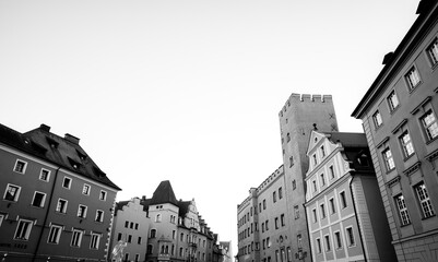 View of historical buildings in downtown Regensburg.
