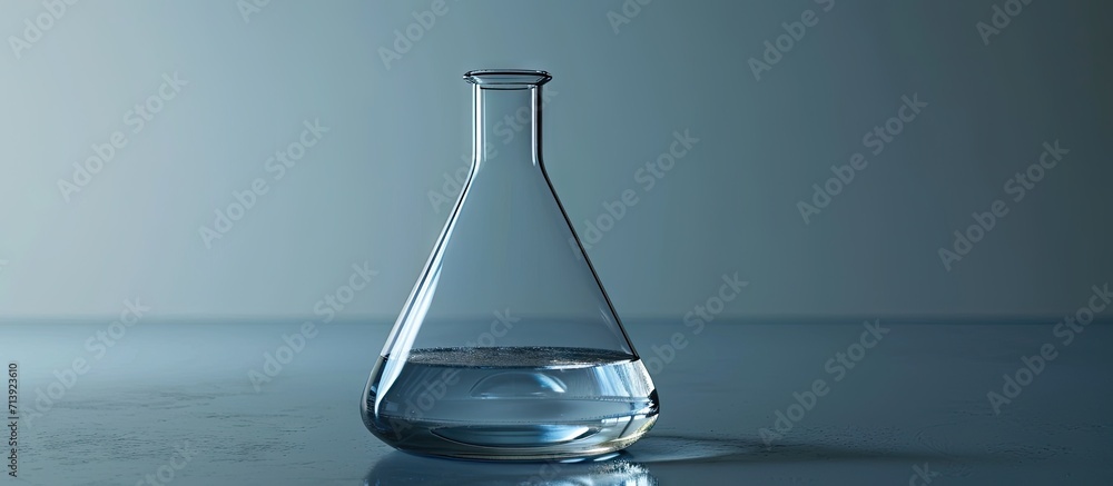 Poster close up view of transparent glass test flask with white liquid inside isolated on grey backdrop lab