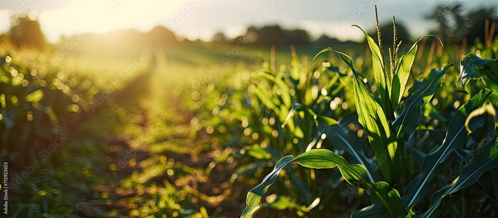 Poster corn field and green leaves at agriculture corn of free space for your texts and branding. creative 