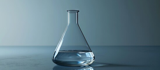 Close up view of transparent glass test flask with white liquid inside Isolated on grey backdrop Laboratory tests and research Chemistry science or medical biology experiment Laboratory backgro