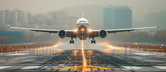 an airliner taking off from an airport - obrazy, fototapety, plakaty
