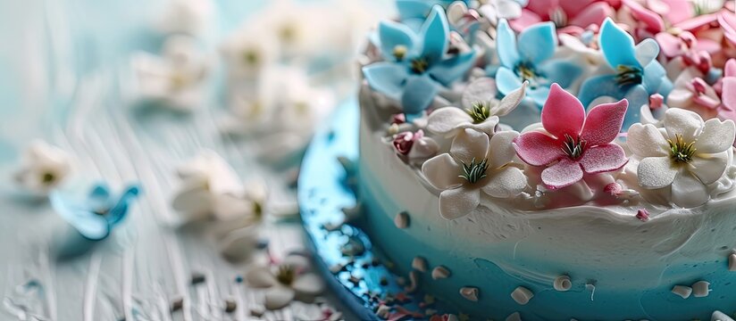 Detail of a cake with decoration for baby baptism. Creative Banner. Copyspace image