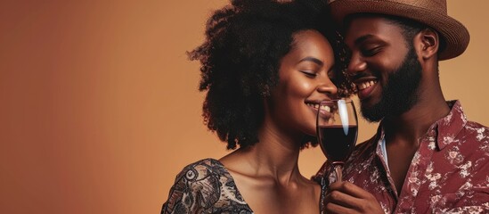 Black couple having a good time drinking a glass of wine. Creative Banner. Copyspace image