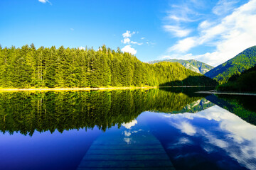 View of the Salza reservoir and the surrounding nature. Idyllic landscape by the lake near Bad Mitterndorf in Styria, Austria.
