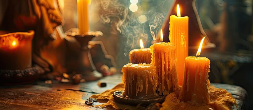 Closeup image of sorcerer burning big wax candles on table in front of her. Creative Banner. Copyspace image