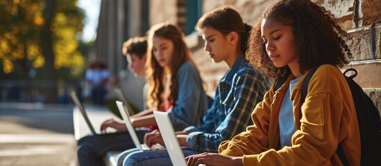 four high school students use laptops during group study with friends outside the classroom. Creative Banner. Copyspace image - obrazy, fototapety, plakaty